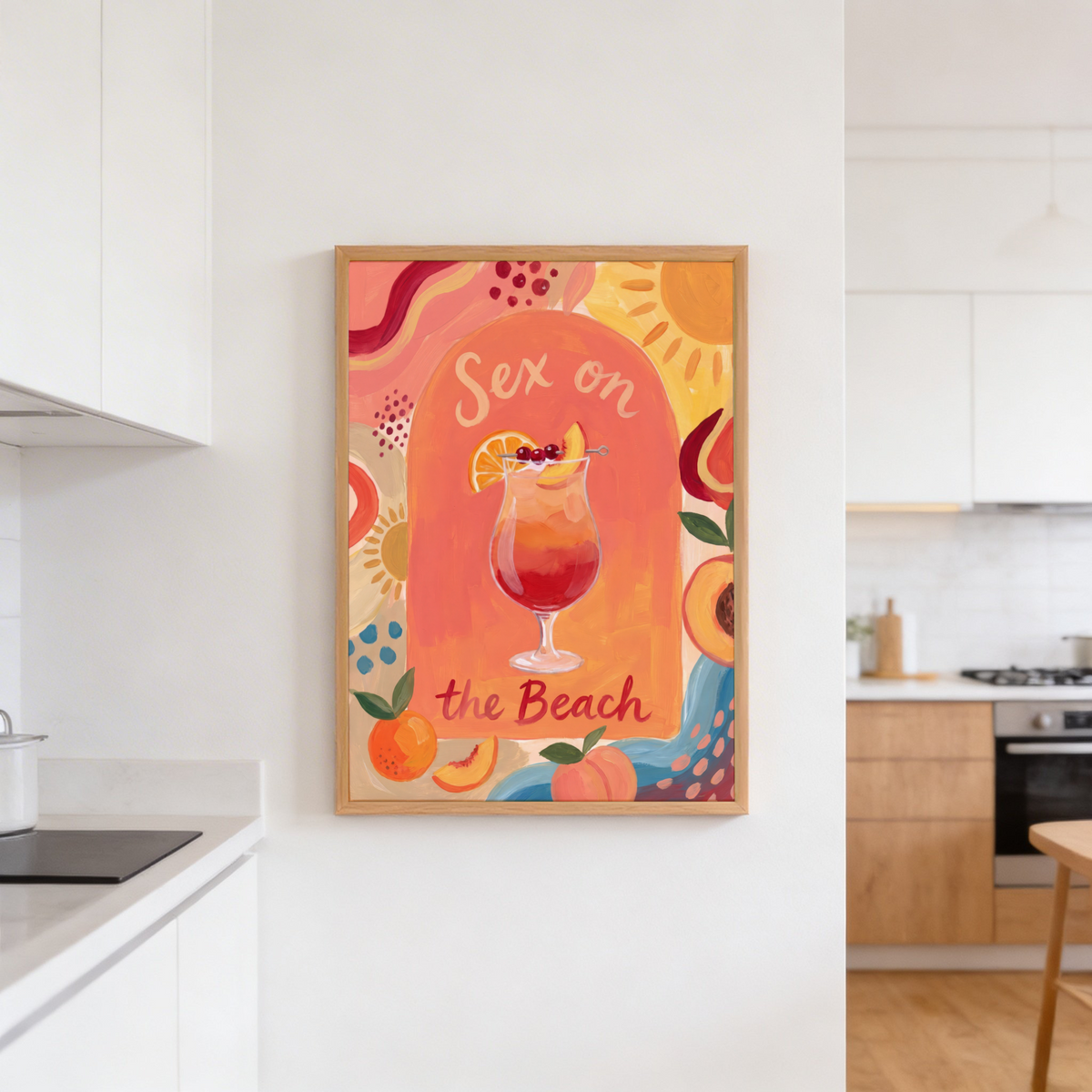 Illustrated bar poster with stemmed cocktail glass, cherries on top, and citrus wedge