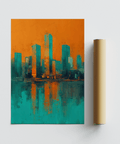 Modern Skyline Poster showing abstract orange and teal skyline for entryway wall art