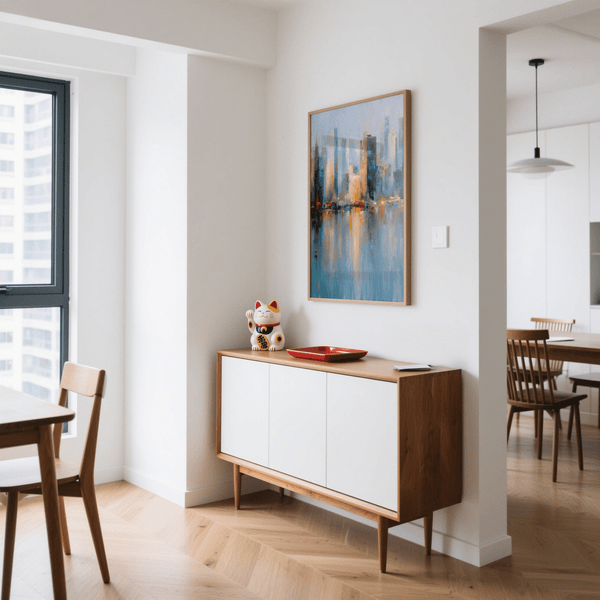 City Skyline Art Print in orange and yellow, great for hallway decor