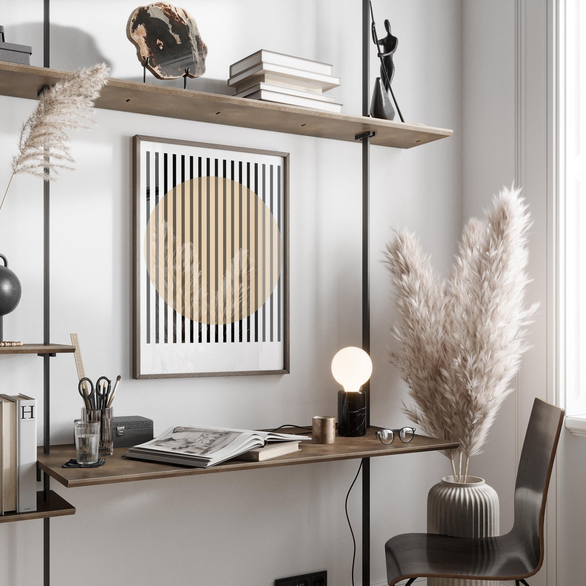 Black striped minimalist office posters in contemporary space