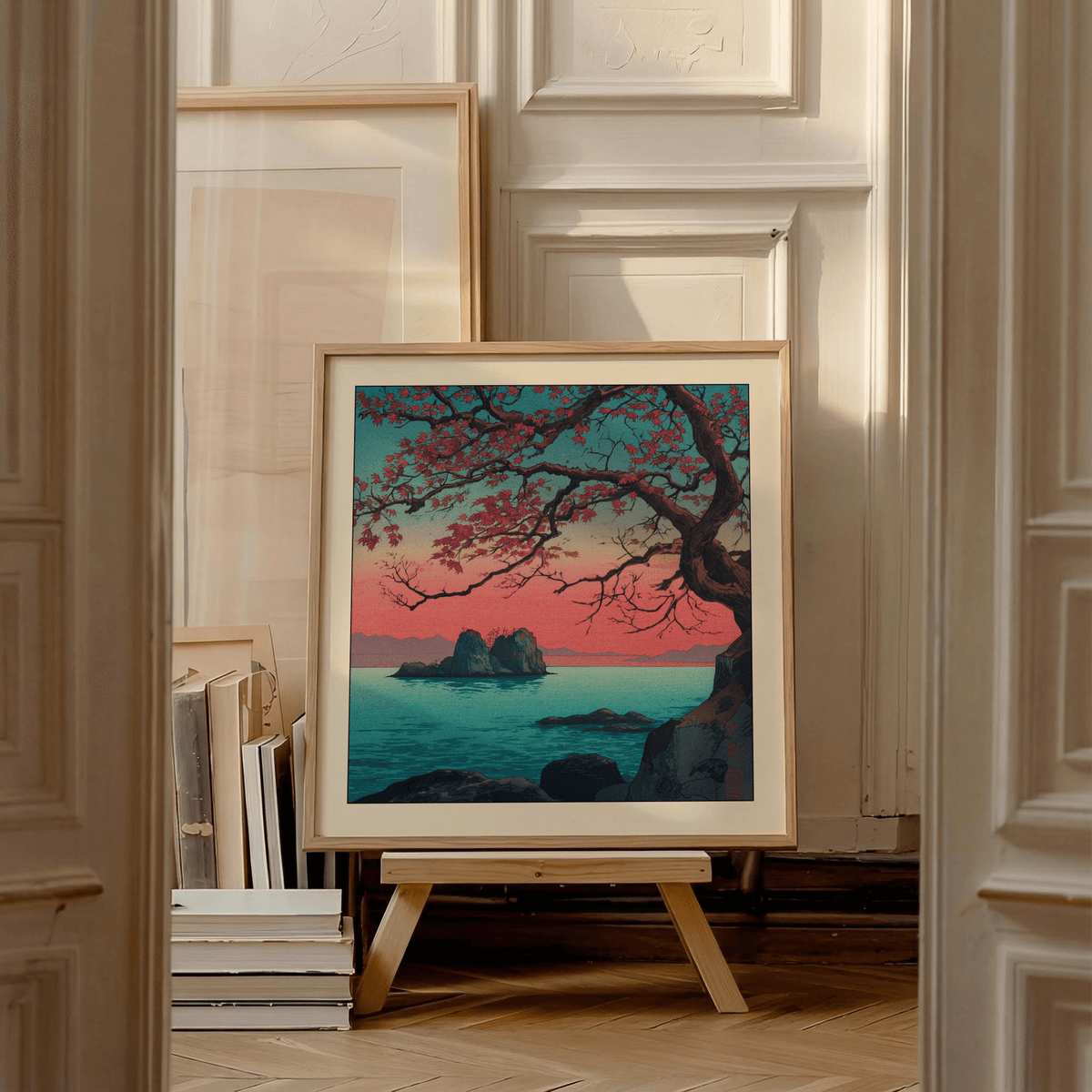 Detail crop from Hasui Kawase sunset seascape print focusing on sky gradient