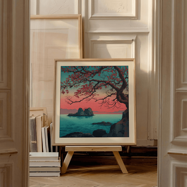 Detail crop from Hasui Kawase sunset seascape print focusing on sky gradient