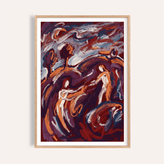 Framed Abstract Couple Art Print with swirling brush strokes in rich reds and oranges on a white wall
