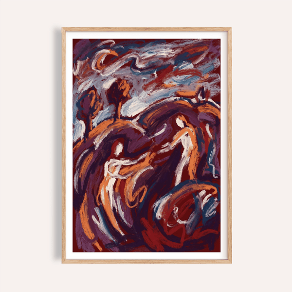 Abstract Couple Art Print poster featuring intertwined figures with gestural brush arcs
