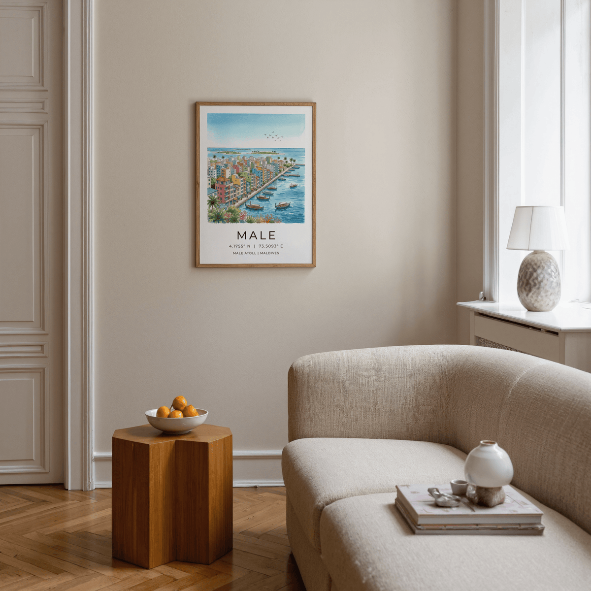 Watercolor-style Maldives City Art Print showing Malé harbor and promenade poster