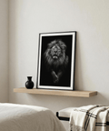 Close-up wildlife photo print of a lion head against dark background