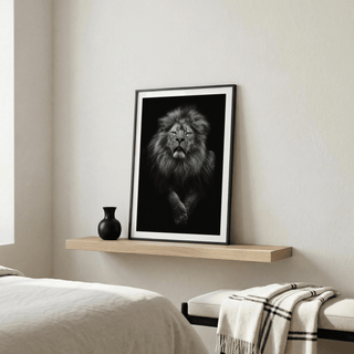 Close-up wildlife photo print of a lion head against dark background