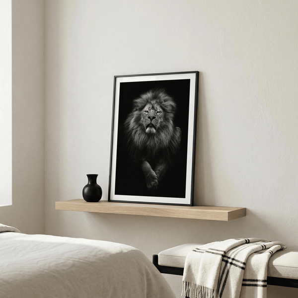 Close-up wildlife photo print of a lion head against dark background