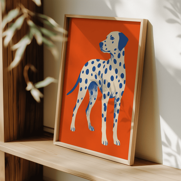 Dalmatian Dog Art Print using Orange and Blue for stylish lounge decor
