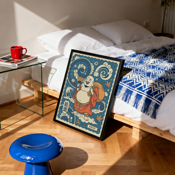 Graphic Hotei Wall Art featuring deity, blossoms, and nameplate