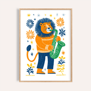Saxophone Lion Art Print, multicolored, nursery wall art, kids print