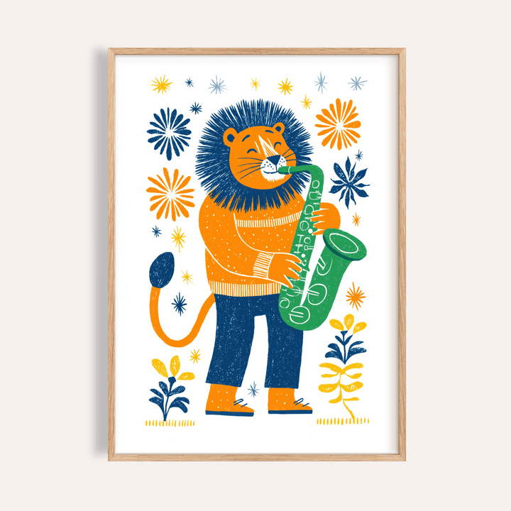 Saxophone Lion Art Print, multicolored, nursery wall art, kids print