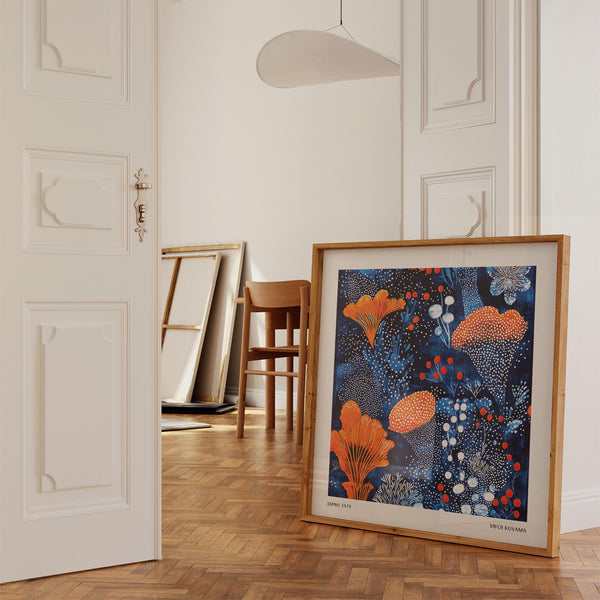 Blue Orange Wall Art with vibrant botanicals and graphic white dot clusters.