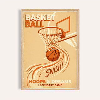 Basketball Art Print showing hoop, ball mid-swish, and bold SWISH text