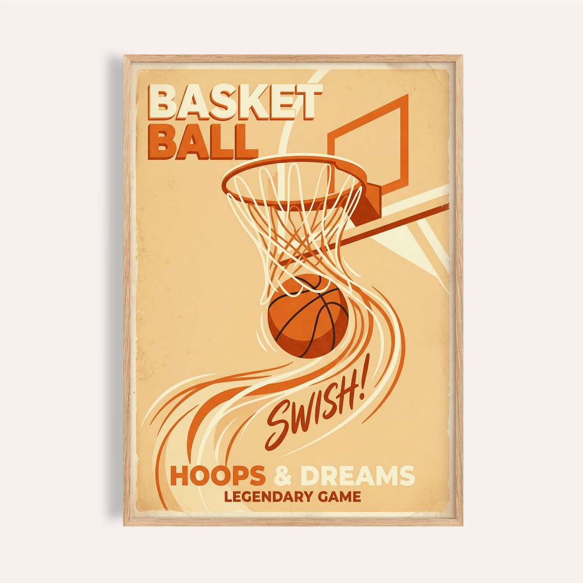 Basketball Art Print showing hoop, ball mid-swish, and bold SWISH text