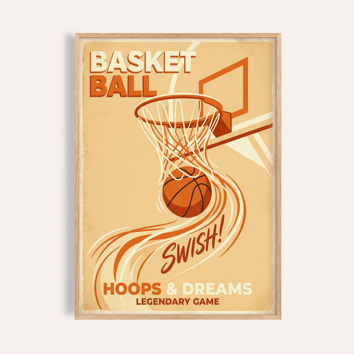 Basketball Art Print showing hoop, ball mid-swish, and bold SWISH text
