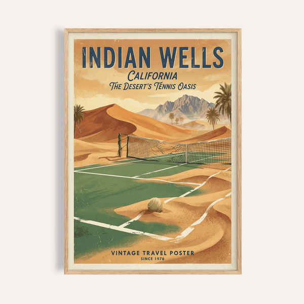 Featuring a Vintage Tennis Poster, Indian Wells travel-style print with desert dunes and tennis court