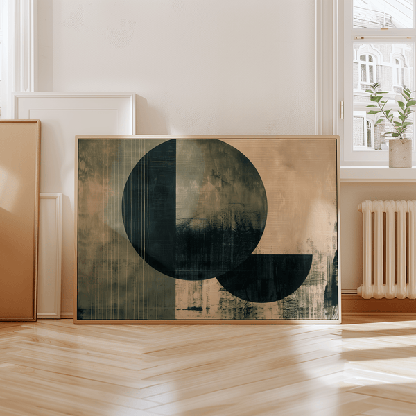 Contemporary Poster Art with geometric shapes in Green and Beige for office wall poster