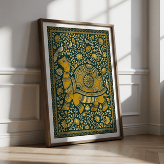 Indian Style Turtle Poster featuring a detailed shell medallion and lotus flowers