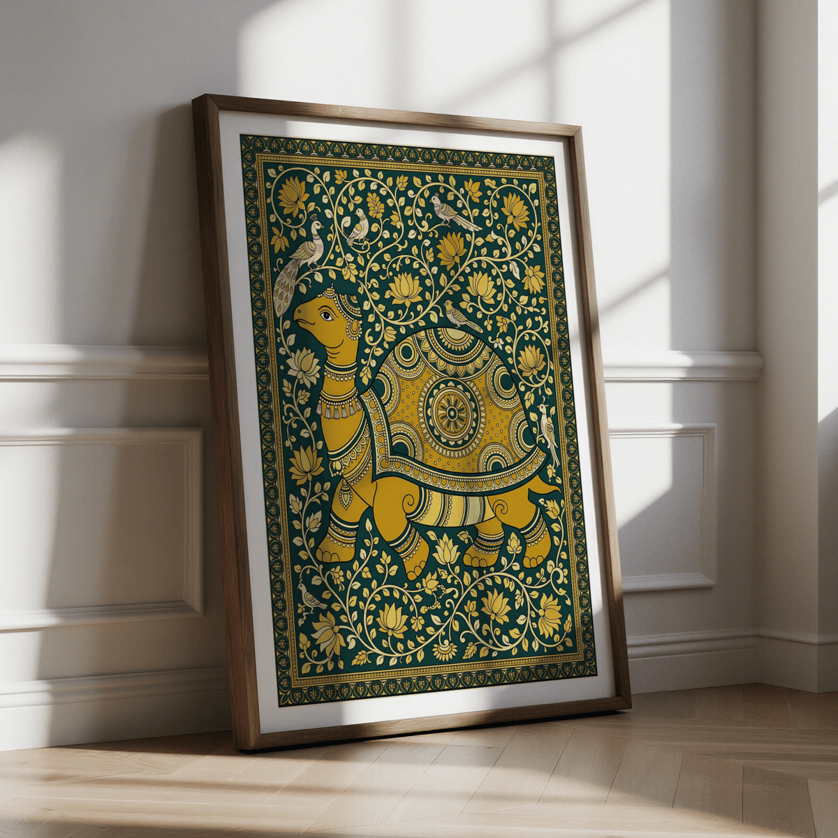 Indian Style Turtle Poster featuring a detailed shell medallion and lotus flowers