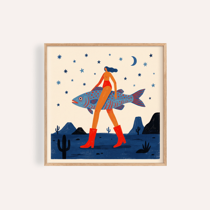 Illustrated wall art poster of a woman carrying an oversized fish beneath stars and a crescent moon