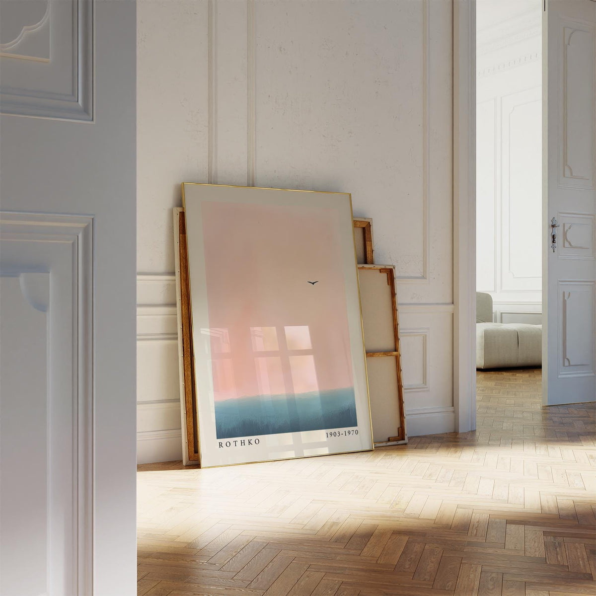 Rothko-style pink and blue wall art featuring a flying bird silhouette.