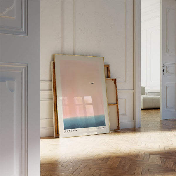 Rothko-style pink and blue wall art featuring a flying bird silhouette.