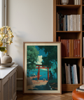Tree-framed torii gate poster beside calm water and small walking figures