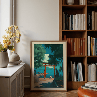 Tree-framed torii gate poster beside calm water and small walking figures