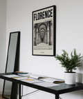 Vintage Florence poster print with arched colonnade photo and text 'Uffizi Gallery Archive'