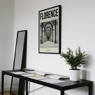 Vintage Florence poster print with arched colonnade photo and text 'Uffizi Gallery Archive'