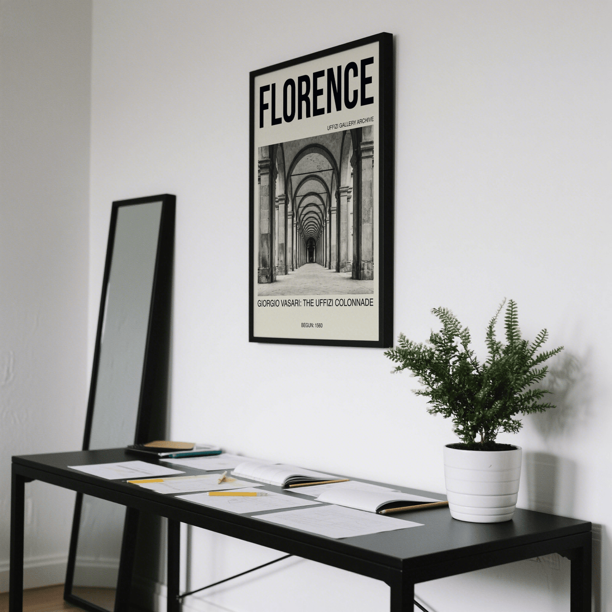 Vintage Florence poster print with arched colonnade photo and text 'Uffizi Gallery Archive'