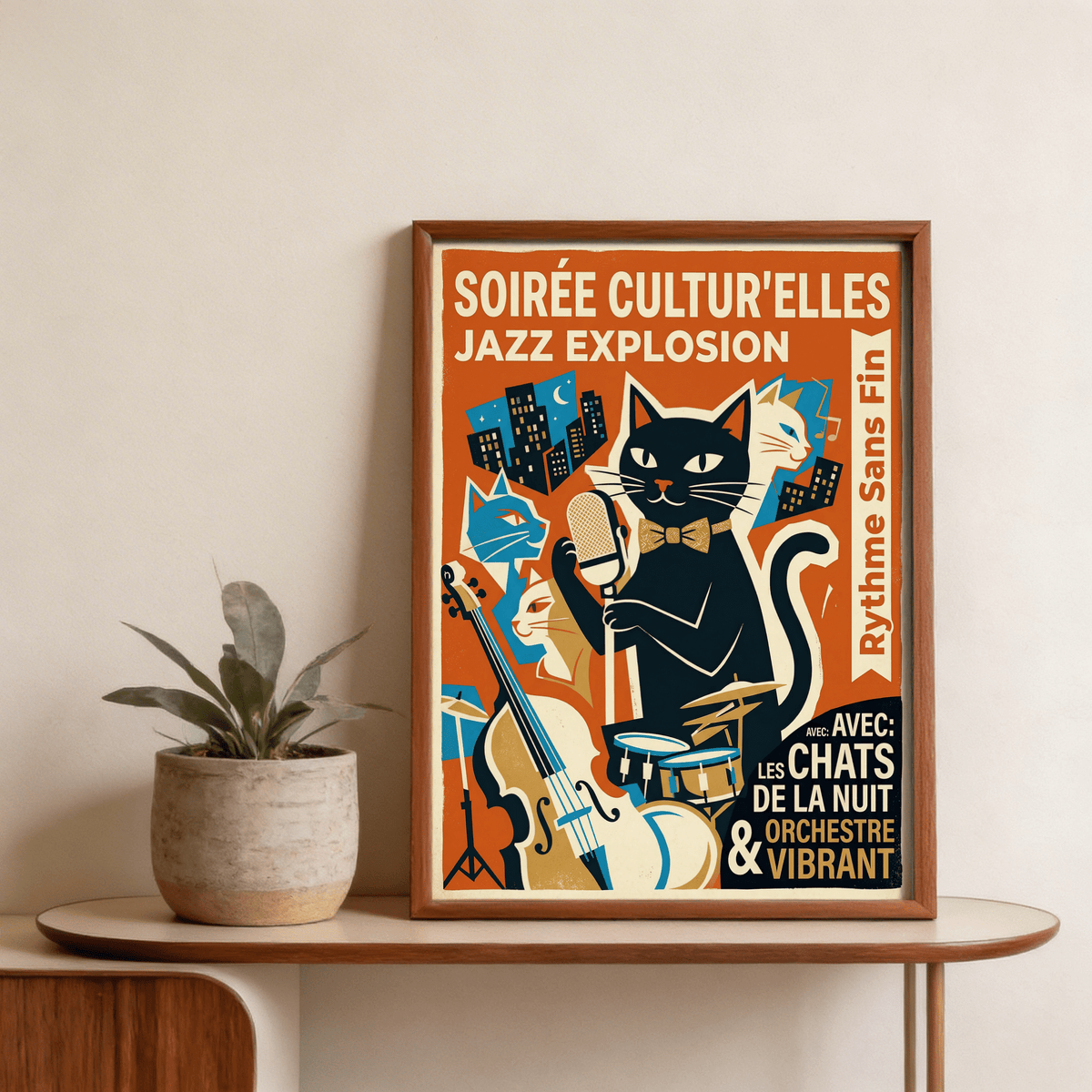 Room mockup displaying framed Vintage Jazz Poster above record console