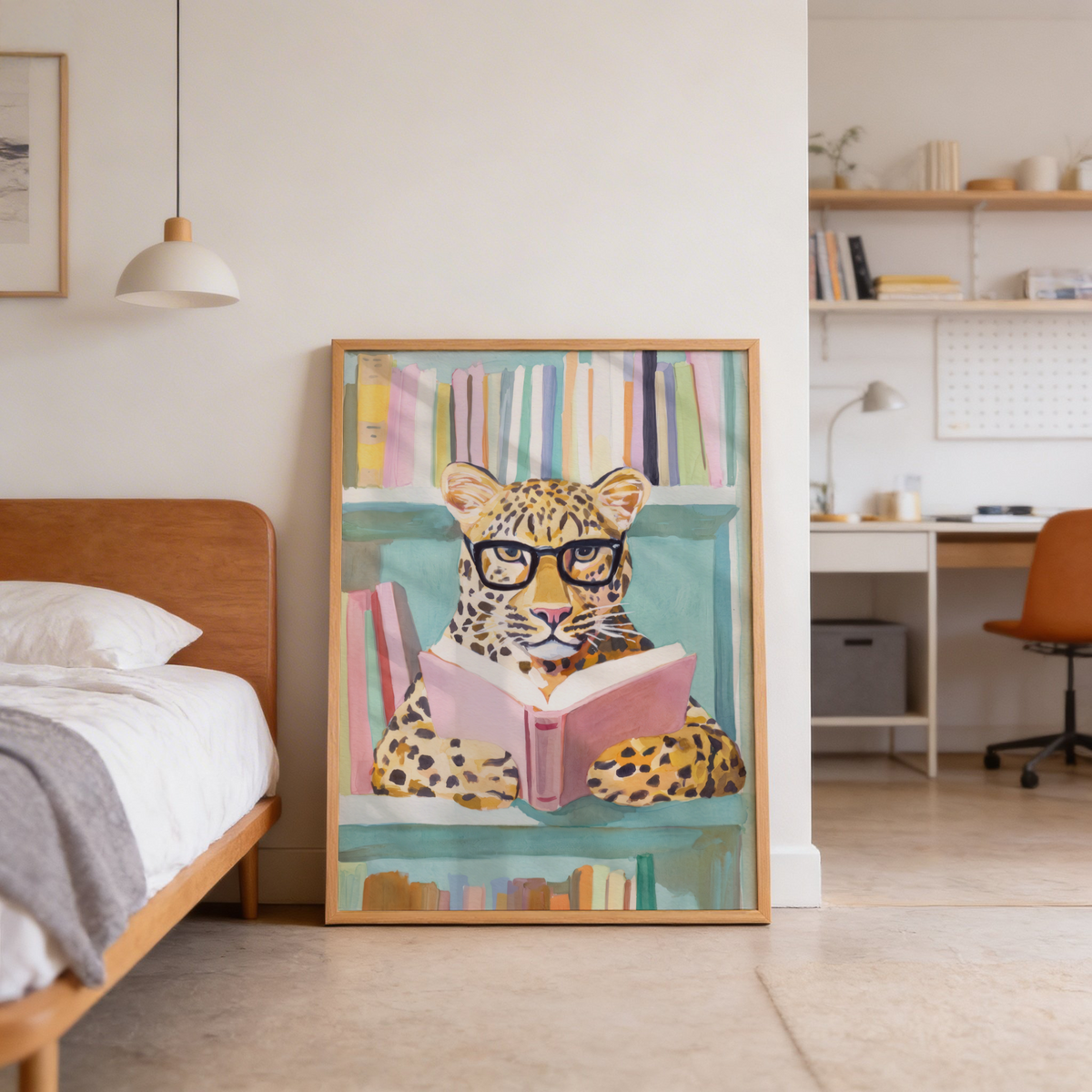 Bookshelf scene poster featuring a leopard character with glasses and an open book
