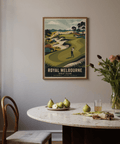 Royal Melbourne Golf Art poster showing ROYAL MELBOURNE GOLF CLUB lettering and course illustration