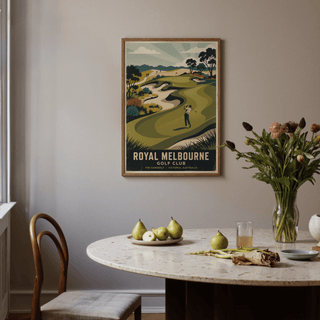 Royal Melbourne Golf Art poster showing ROYAL MELBOURNE GOLF CLUB lettering and course illustration