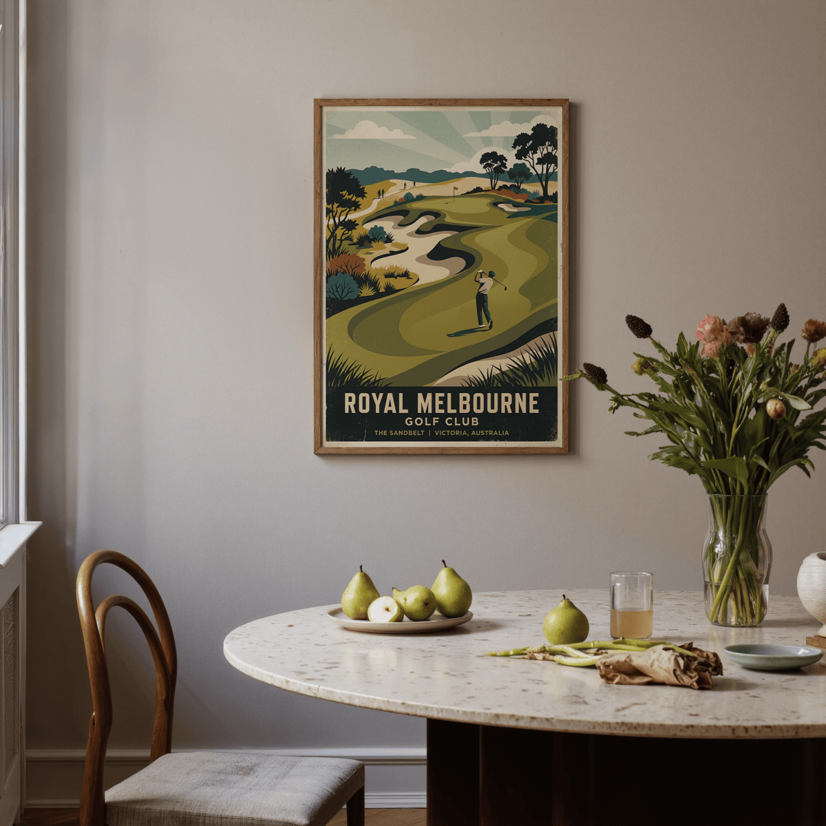 Royal Melbourne Golf Art poster showing ROYAL MELBOURNE GOLF CLUB lettering and course illustration