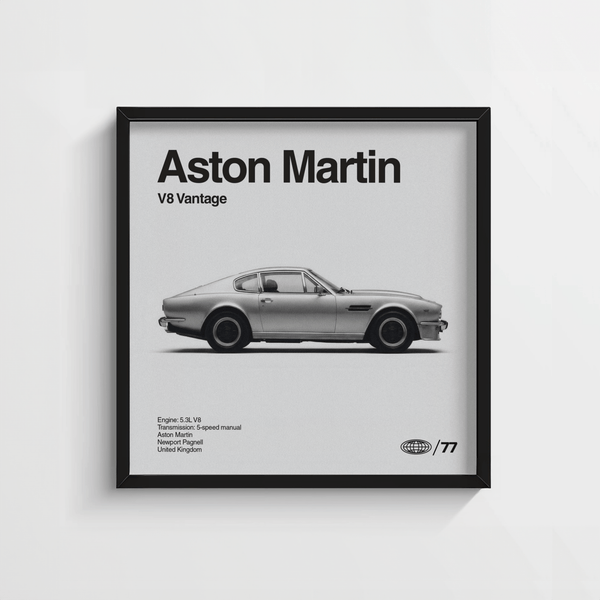 Classic Aston Martin Poster, black wheels, gray car, best for den wall art