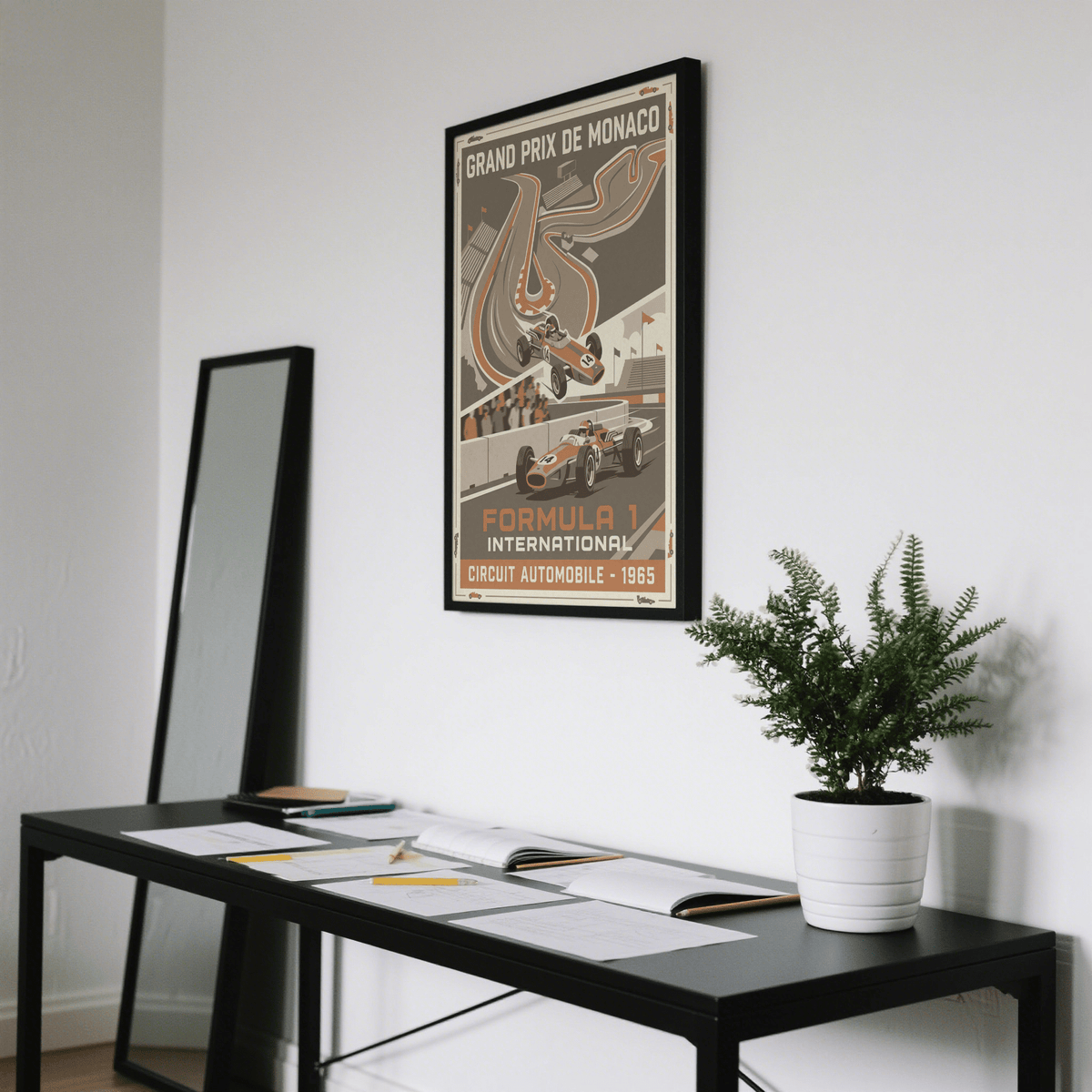 Monaco Grand Prix 1965 style poster print with sweeping curves and large block lettering