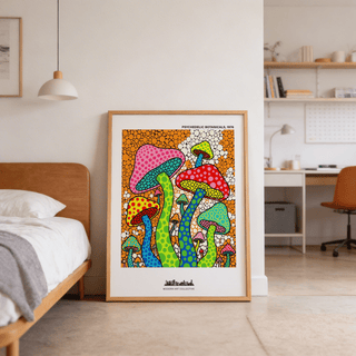 Vintage-style psychedelic botanicals mushroom print with bold outlines
