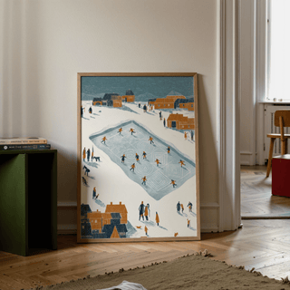 Ice Skating Poster wall art with orange and beige for entryway decor