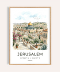 Illustrated Jerusalem skyline wall art poster with golden dome and stone buildings