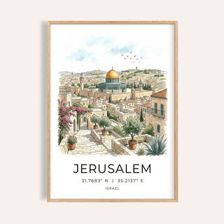 Illustrated Jerusalem skyline wall art poster with golden dome and stone buildings