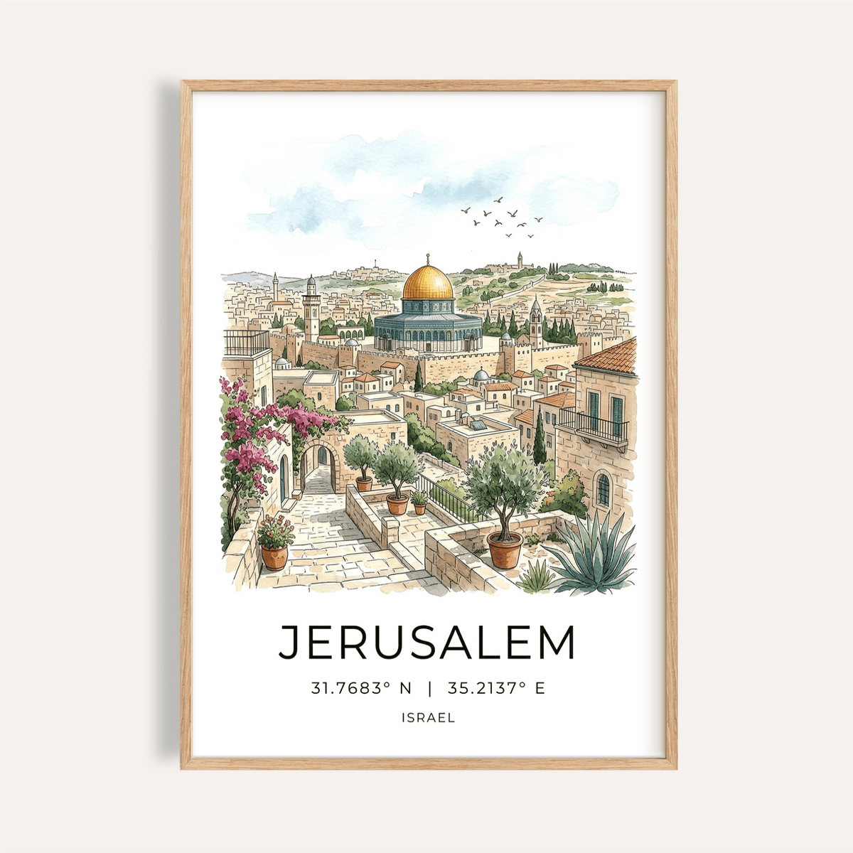 Illustrated Jerusalem skyline wall art poster with golden dome and stone buildings