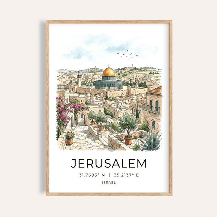 Illustrated Jerusalem skyline wall art poster with golden dome and stone buildings