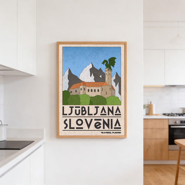 Stylized landscape print of Ljubljana skyline framed by neat border and bold text