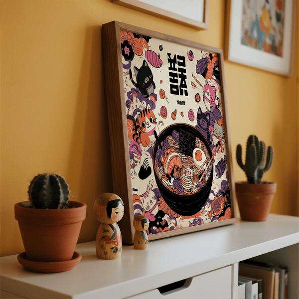 Cute Cat Ramen wall art in Black White Purple Orange, ideal for dining area