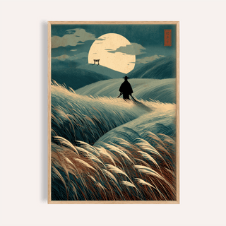 Moonlit hills wall art print with lone traveler silhouette and large moon