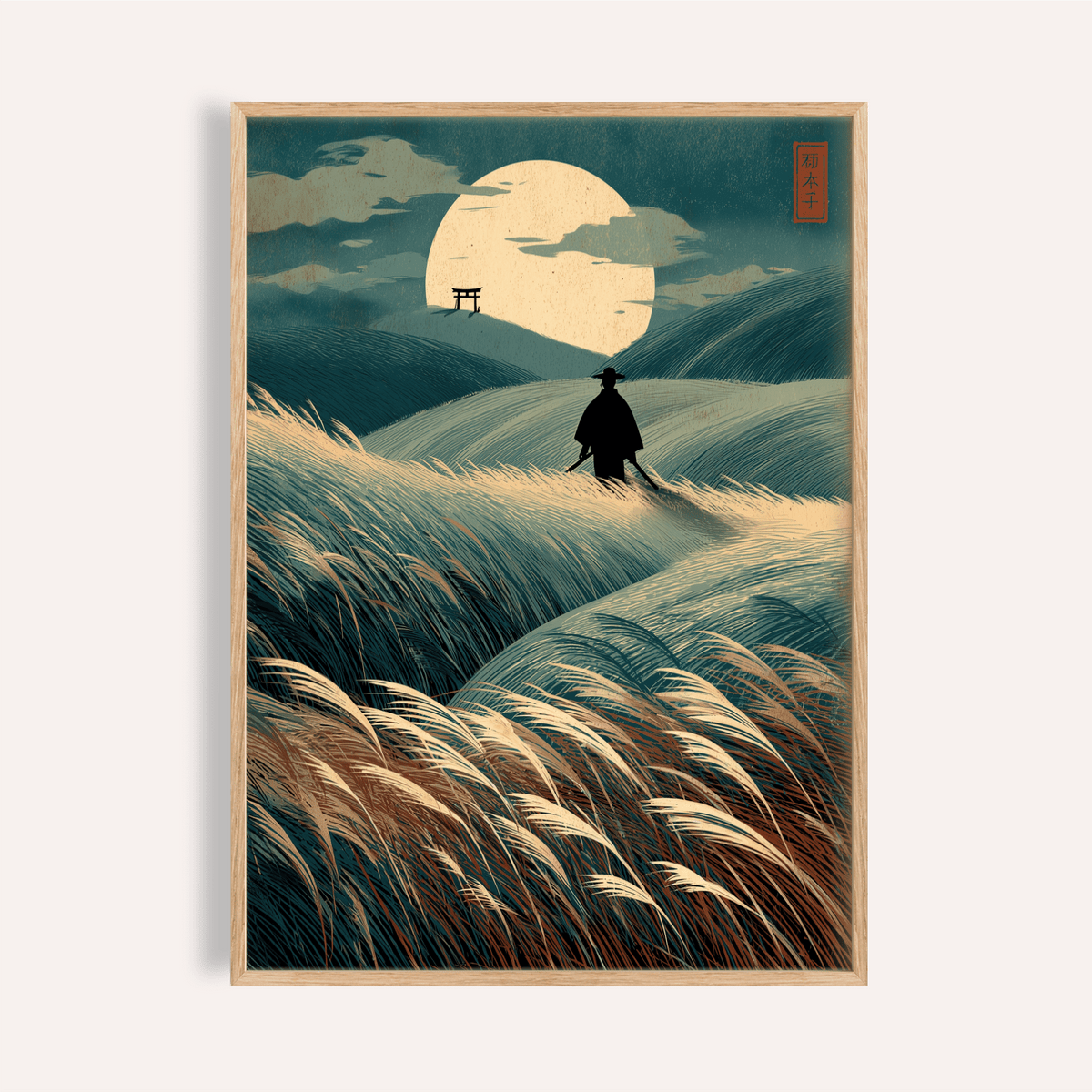Moonlit hills wall art print with lone traveler silhouette and large moon