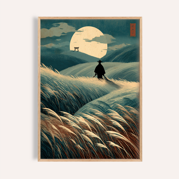 Moonlit hills wall art print with lone traveler silhouette and large moon